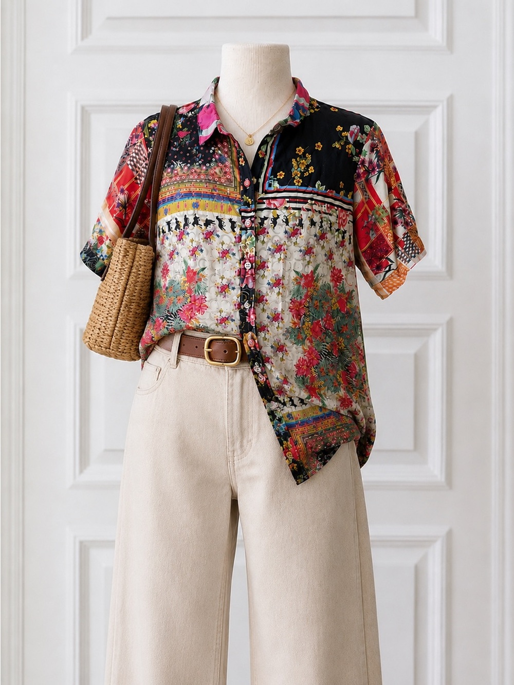 Johnny Was XS Silk Patchwork Floral Butterfly Tunic Shirt Dress Boho Button Fron